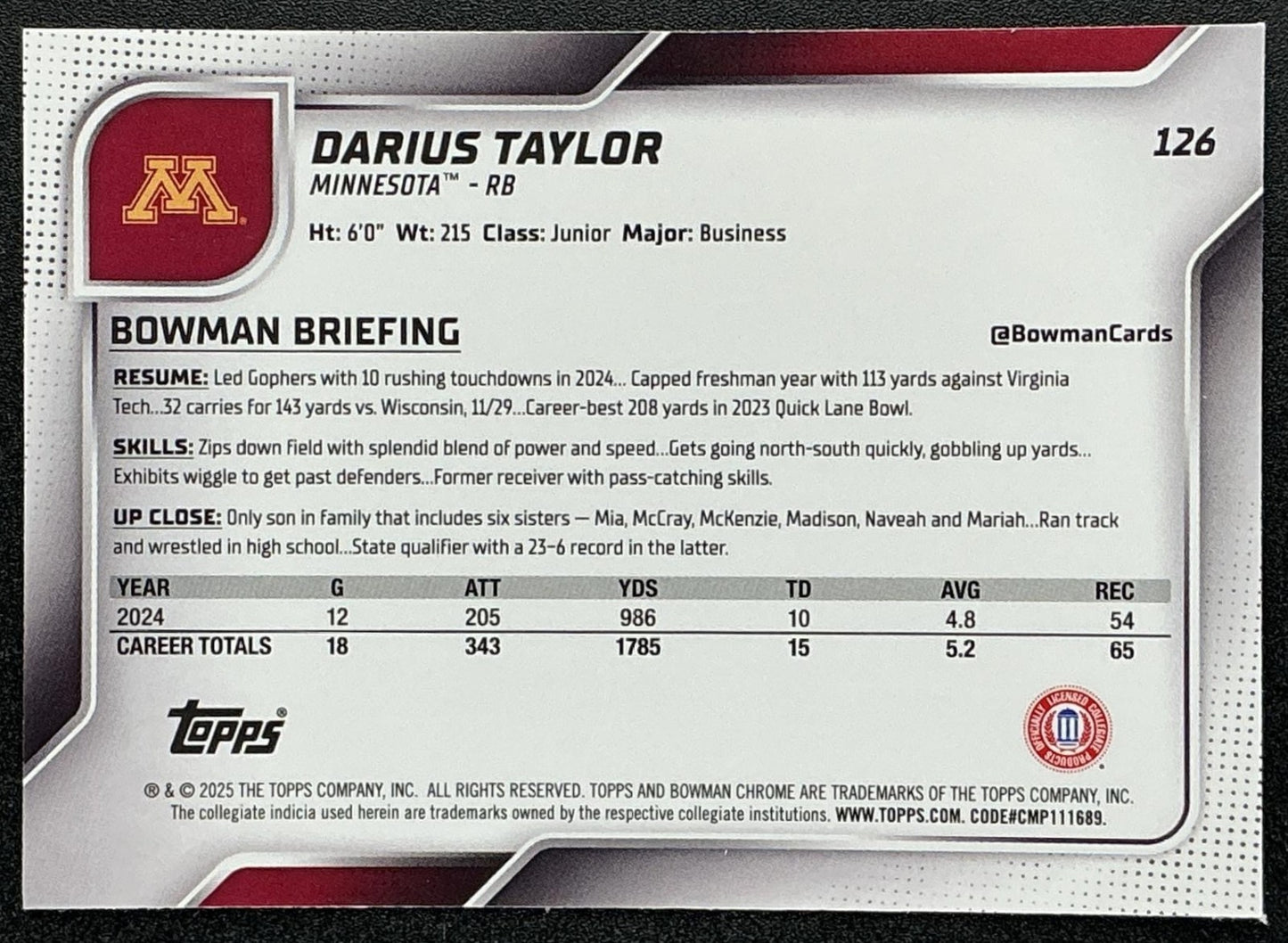 2025 Bowman Chrome University Sapphire Darius Taylor #126 1st Prospect