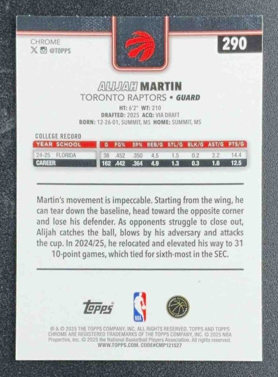 ALIJAH MARTIN 2025-26 TOPPS CHROME #290 BASKETBALL REFRACTOR RC RAPTORS