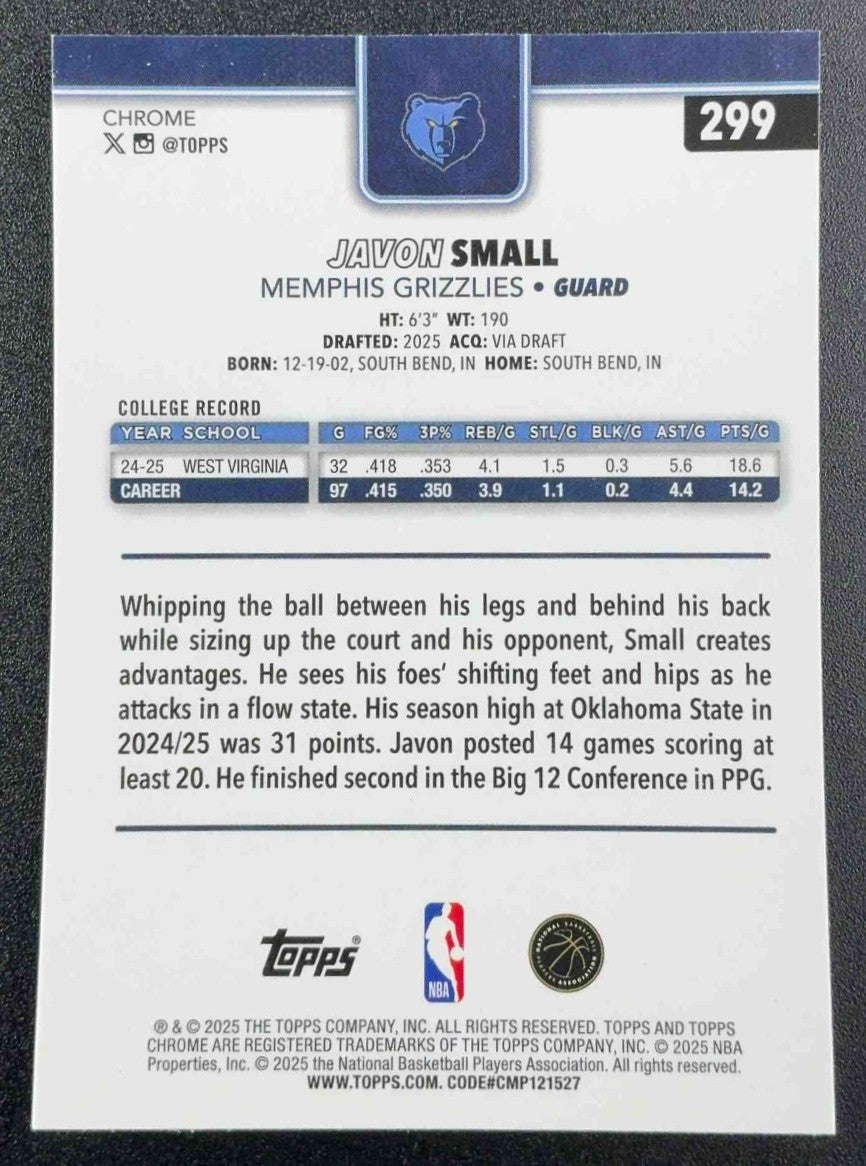 JAVON SMALL 2025-26 TOPPS CHROME #299 PRISM REFRACTOR RC GRIZZLIES