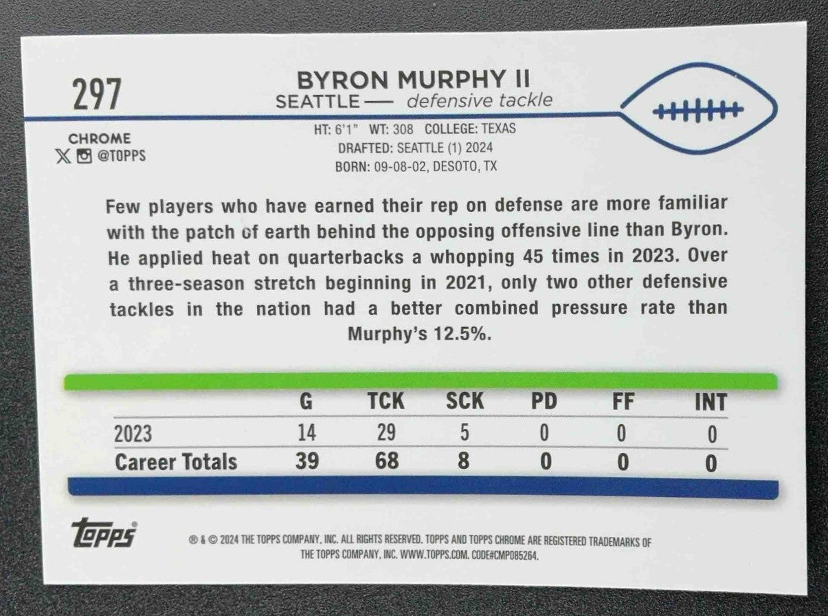 BYRON MURPHY II 2024 TOPPS CHROME #297 X-FRACTOR RC SEAHAWKS