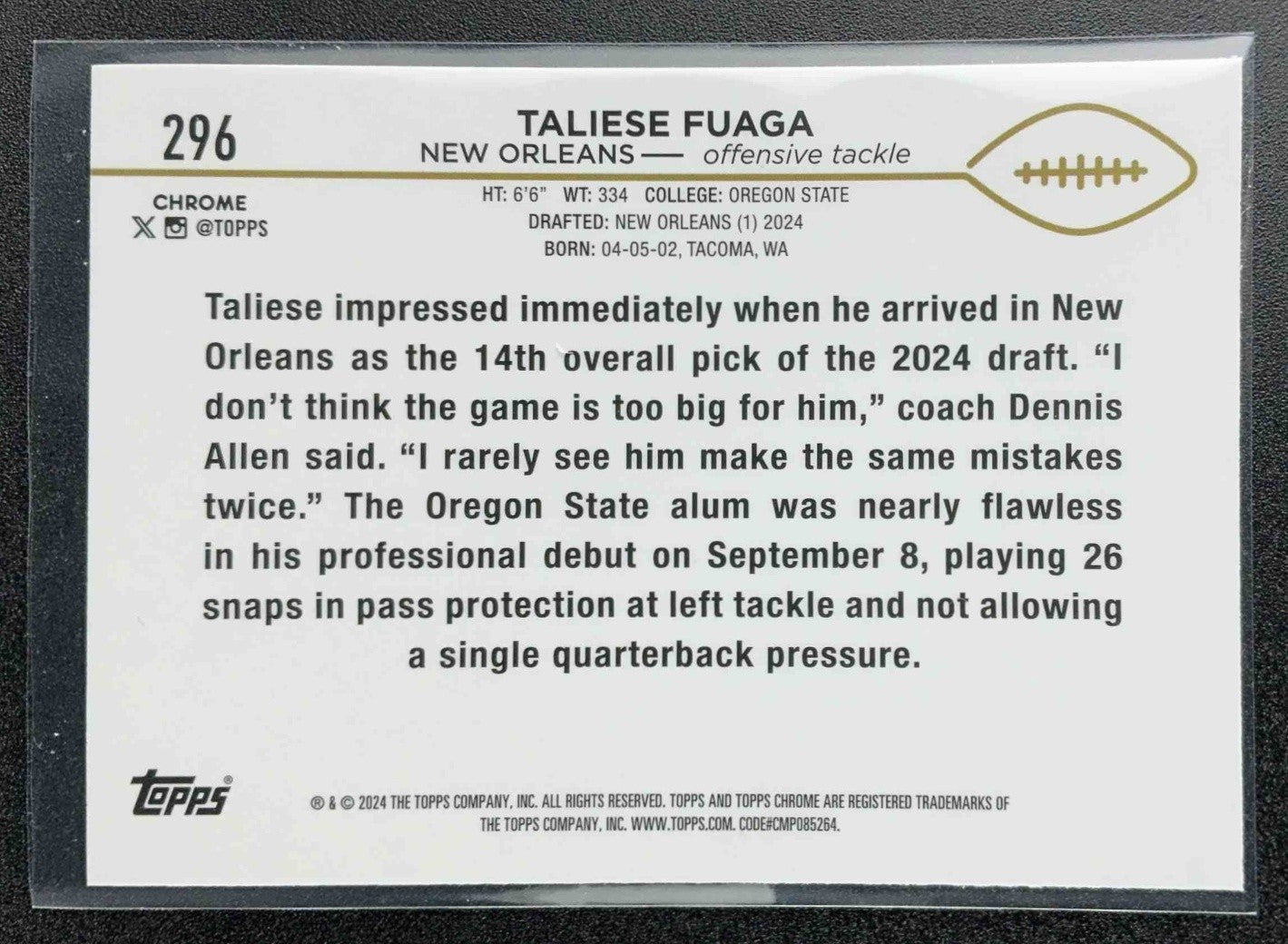 TALIESE FUAGA 2024 TOPPS CHROME #296 PURPLE SPECKLE REFRACTOR 0/275 RC SAINTS