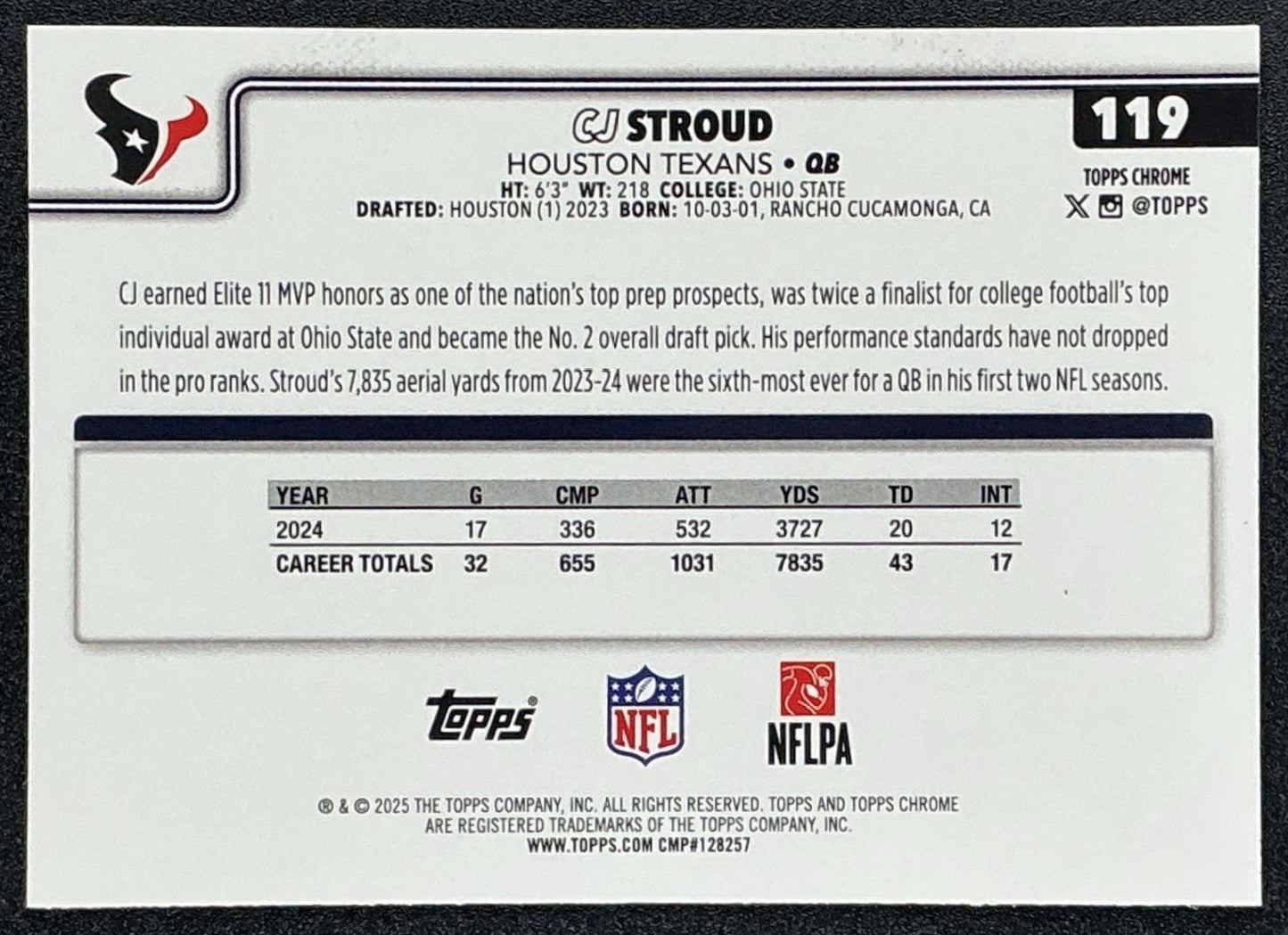 CJ STROUD 2025 TOPPS CHROME #119 PINK REFRACTOR 42/250 TEXANS