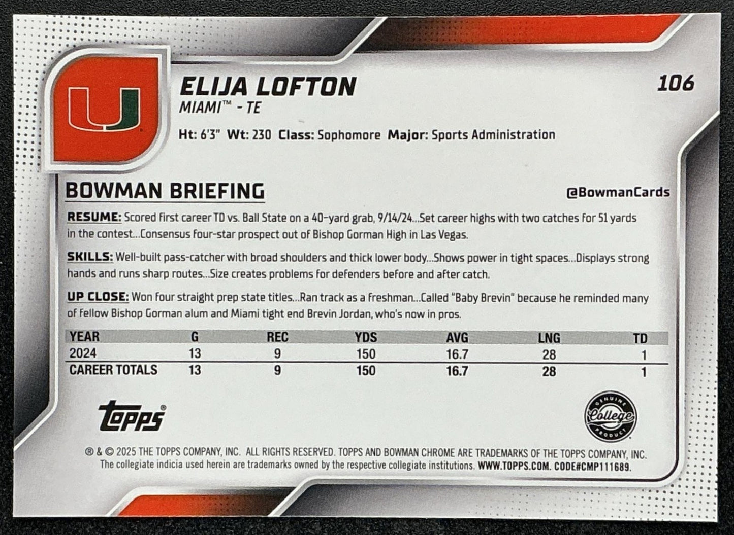 ELIJA LOFTON 2025 BOWMAN CHROME UNIVERSITY SAPPHIRE #106 1ST PROSPECT HURRICANES