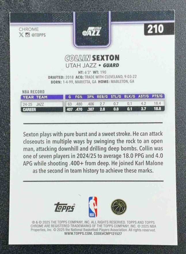 COLLIN SEXTON 2025-26 TOPPS CHROME #210 BASKETBALL REFRACTOR JAZZ