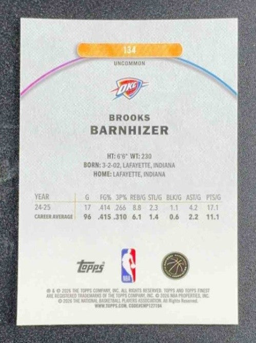 BROOKS BARNHIZER 2025-26 TOPPS FINEST #134 UNCOMMON RC THUNDER