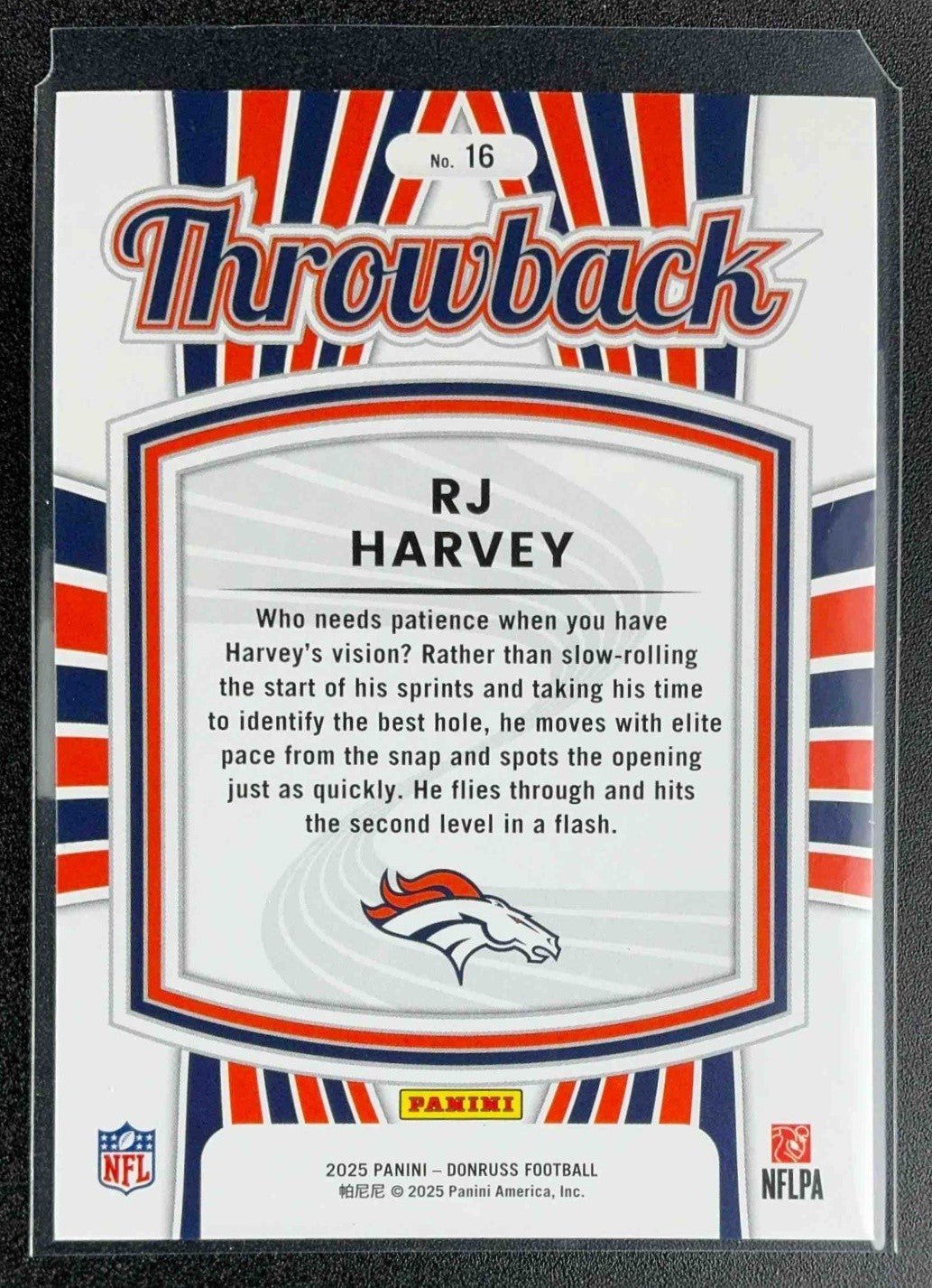 RJ HARVEY 2025 PANINI DONRUSS #16 RATED ROOKIE THROWBACK RC BRONCOS