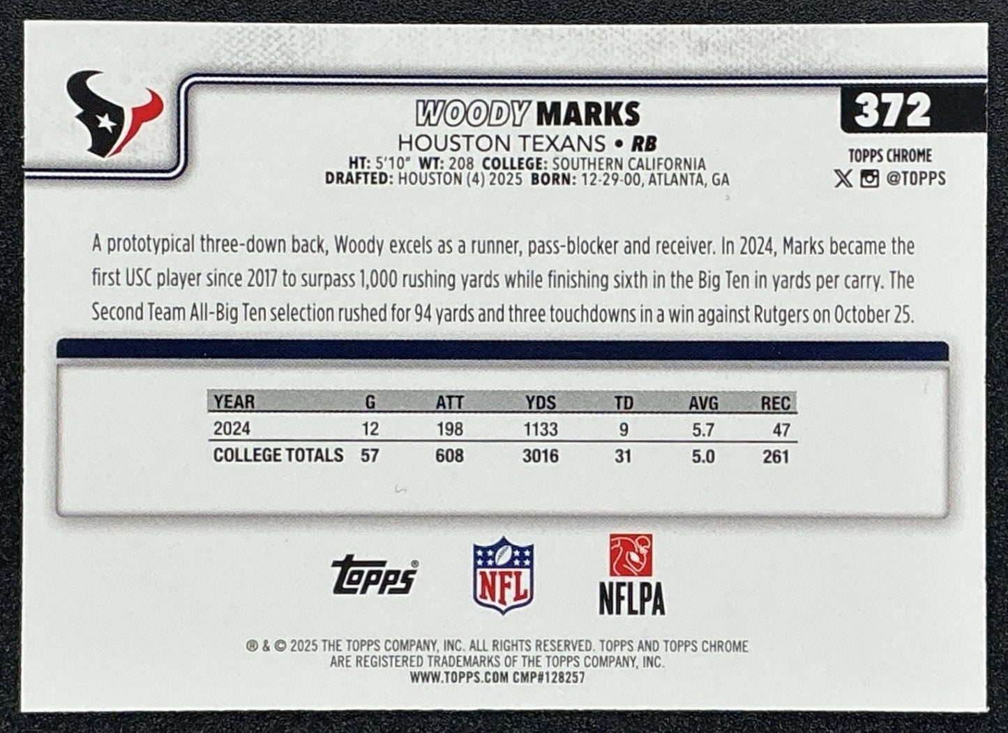 WOODY MARKS 2025 TOPPS CHROME #372 ROOKIE PRISM REFRACTOR RC TEXANS