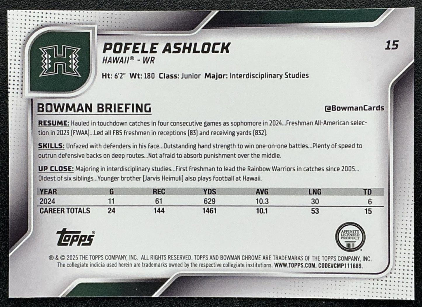 POFELE ASHLOCK 2025 BOWMAN CHROME UNIVERSITY SAPPHIRE #15 1ST PROSPECT WARRIORS