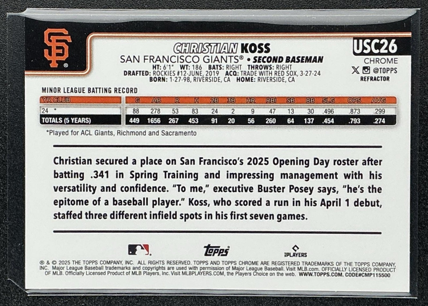 CHRISTIAN KOSS 2025 TOPPS CHROME UPDATE #USC26 REFRACTOR RC GIANTS