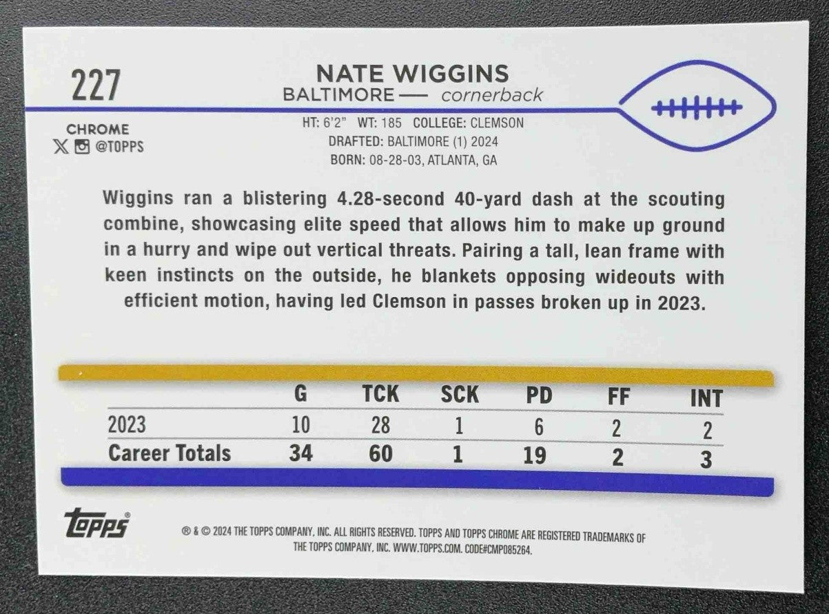 NATE WIGGINS 2024 TOPPS CHROME #227 X-FRACTOR RC RAVENS
