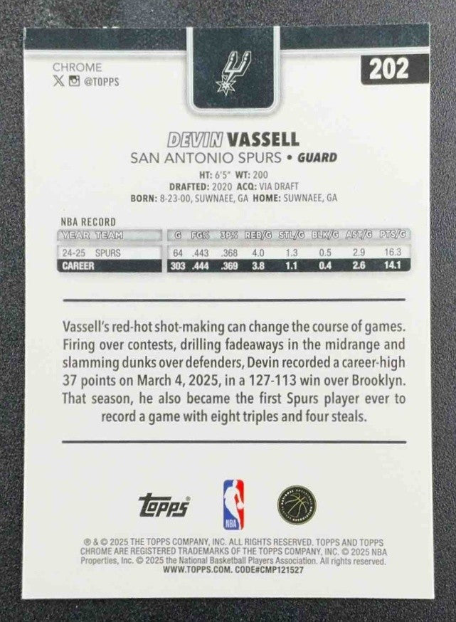 DEVIN VASSELL 2025-26 TOPPS CHROME #202 PRISM REFRACTOR SPURS