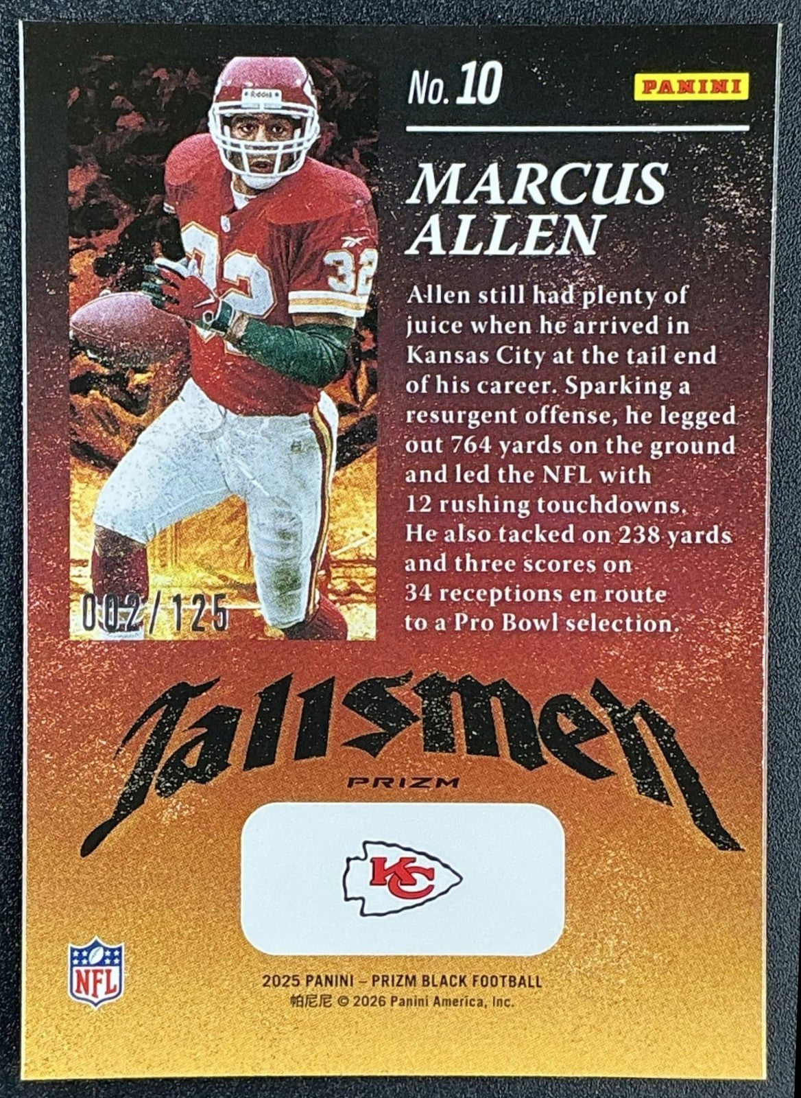 MARCUS ALLEN 2025 PANINI PRIZM BLACK #10 TALISMEN BLUE ICE 2/125 CHIEFS