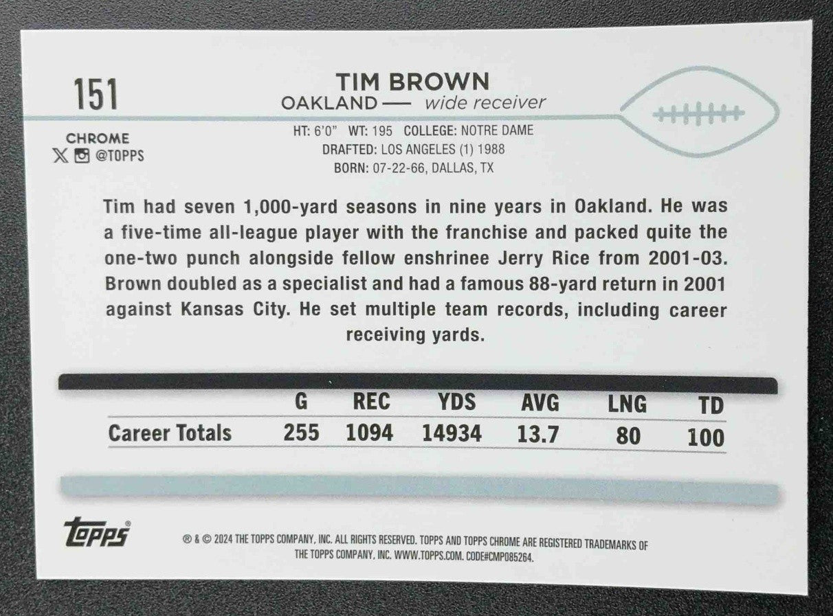 TIM BROWN 2024 TOPPS CHROME #151 X-FRACTOR RAIDERS