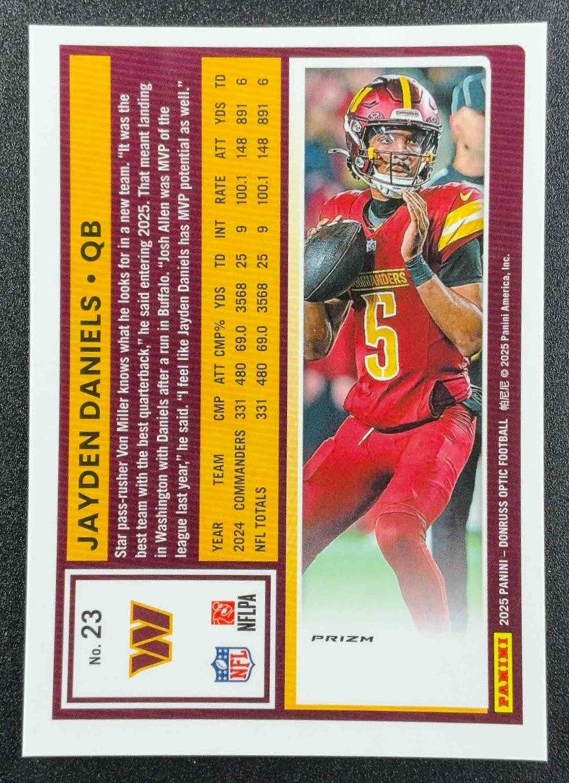 JAYDEN DANIELS 2025 PANINI DONRUSS OPTIC #23 HOLO PRIZM COMMANDERS