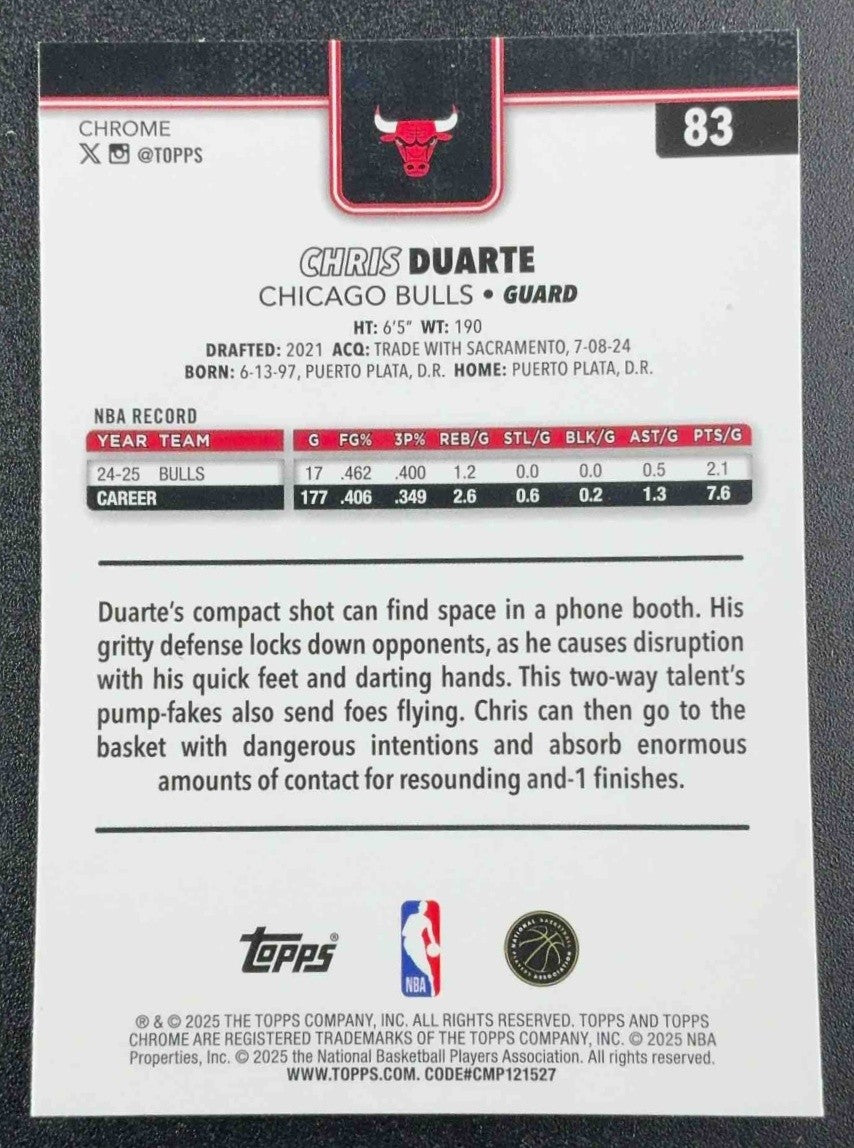 CHRIS DUARTE 2025-26 TOPPS CHROME #83 WAVE REFRACTOR BULLS