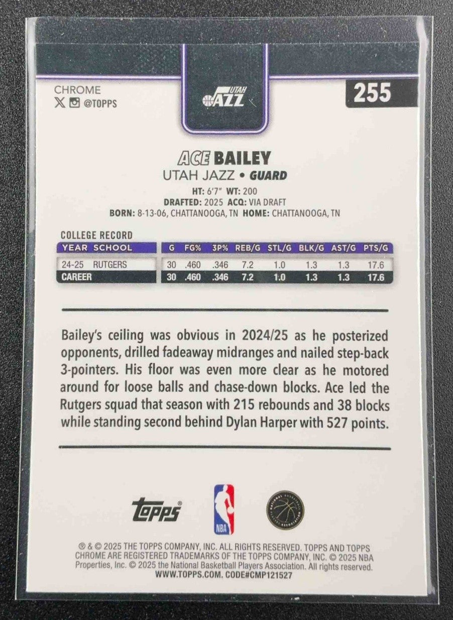 ACE BAILEY 2025-26 TOPPS CHROME #255 RC JAZZ