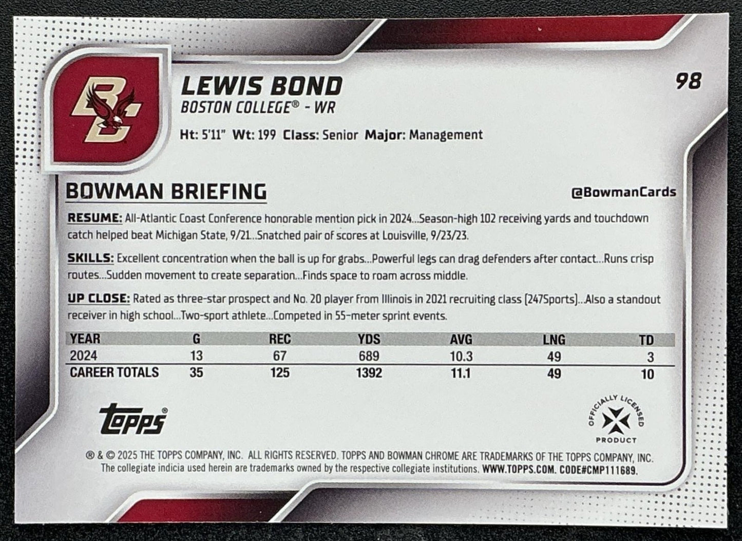 LEWIS BOND 2025 BOWMAN CHROME UNIVERSITY SAPPHIRE #98 1ST PROSPECT EAGLES