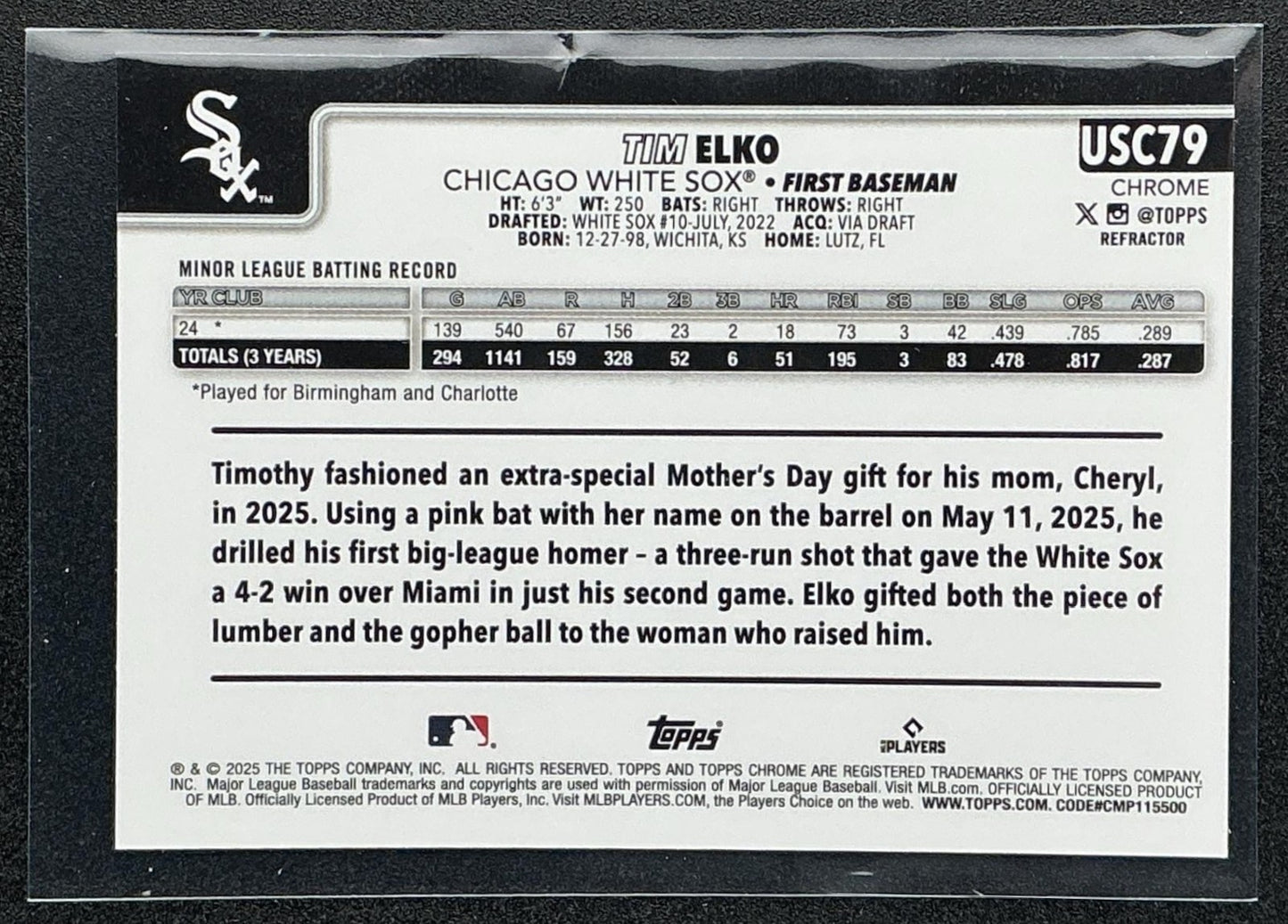 TIM ELKO 2025 TOPPS CHROME UPDATE #USC79 REFRACTOR RC WHITE SOX