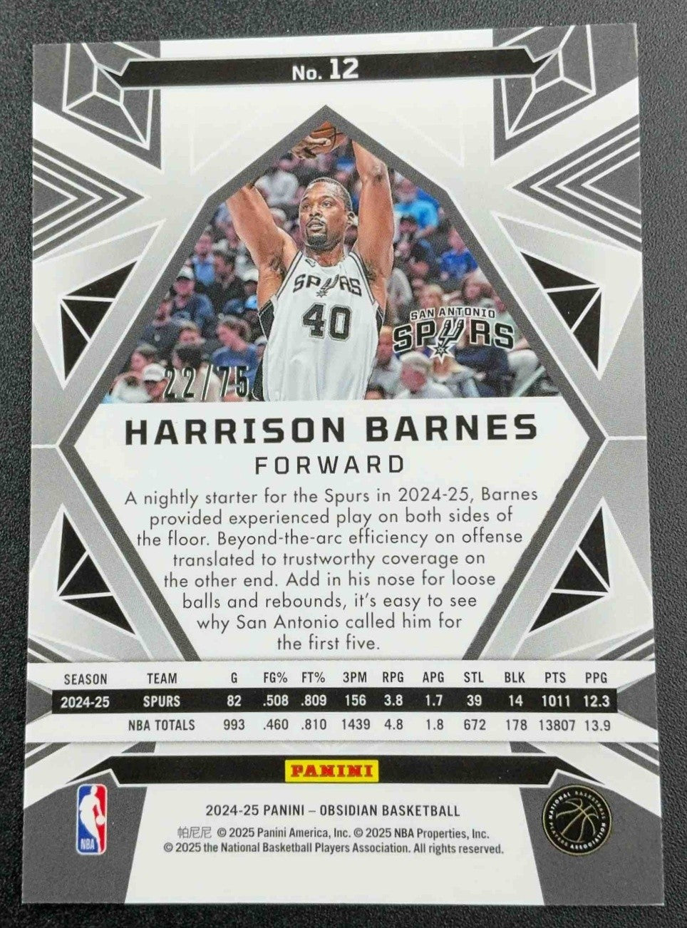 2024 Panini Obsidian Harrison Barnes #12 Electric Etch Purple Flood /75