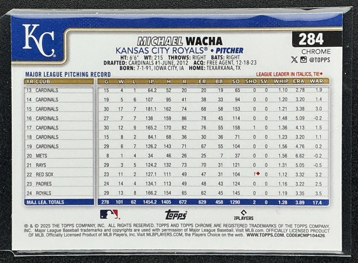 MICHAEL WACHA 2025 TOPPS CHROME #284 PRISM REFRACTOR ROYALS