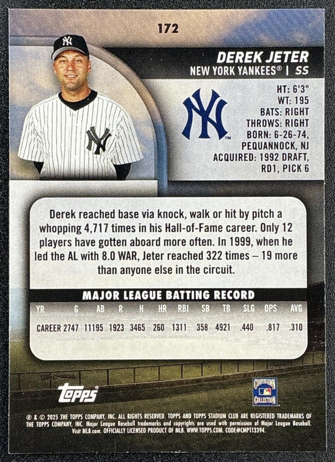 DEREK JETER 2025 TOPPS STADIUM CLUB #172 YANKEES