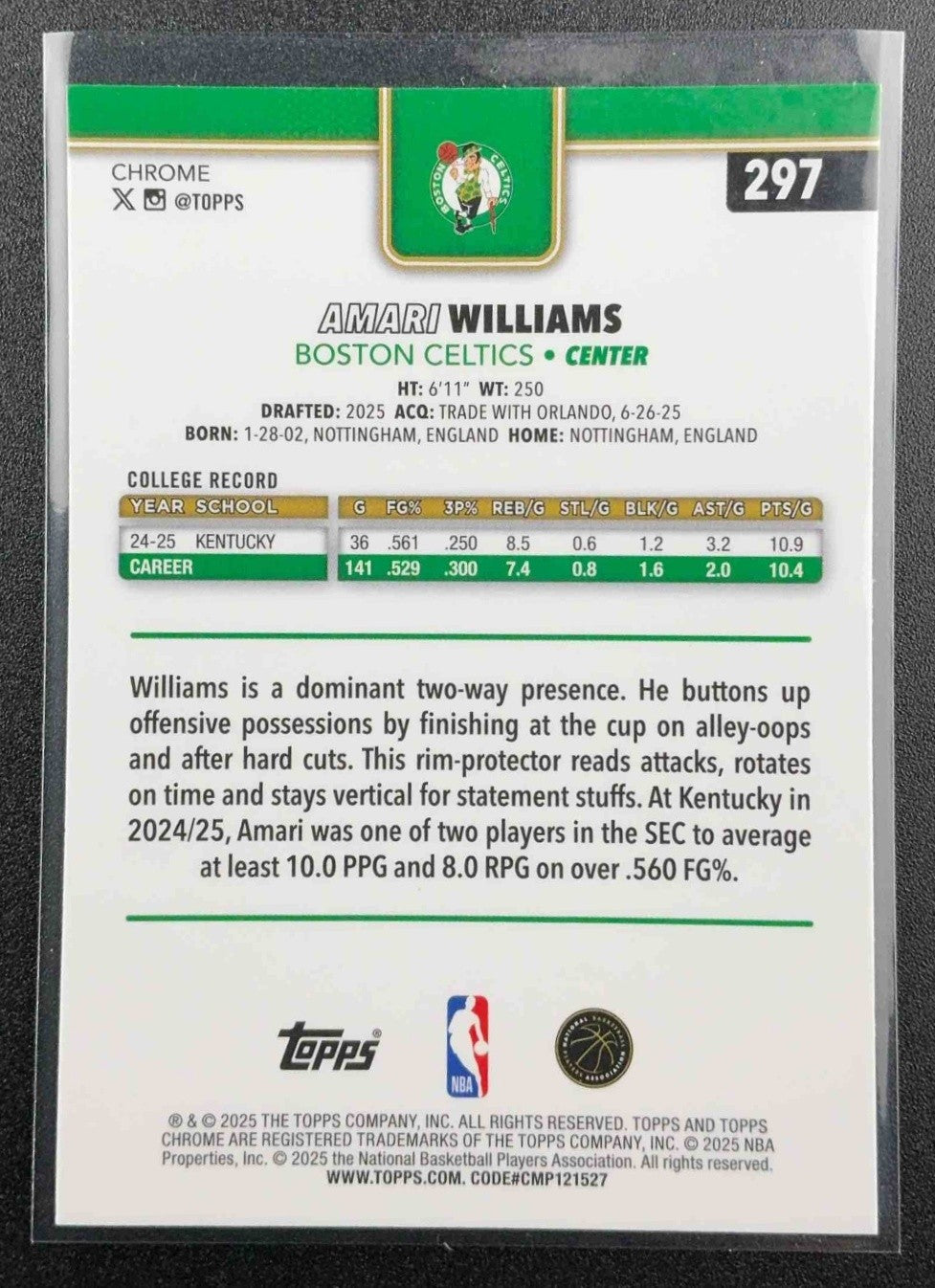 AMARI WILLIAMS 2025-26 TOPPS CHROME #297 X-FRACTOR RC CELTICS