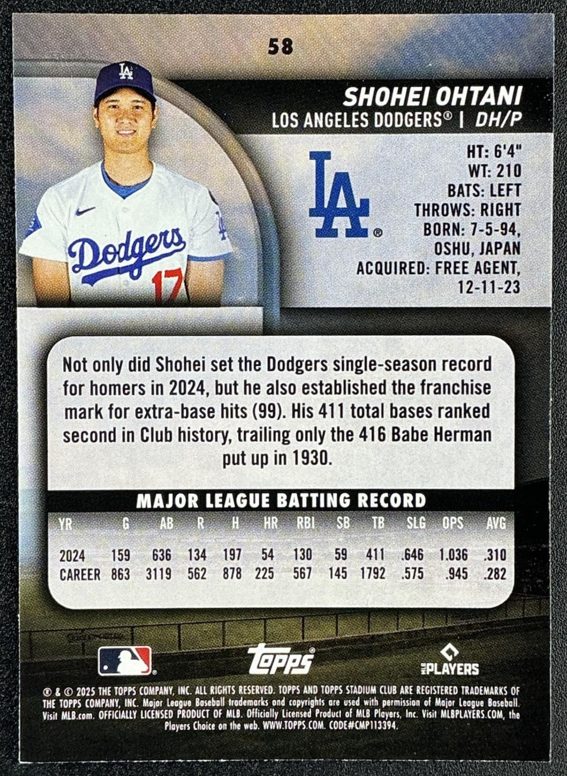 SHOHEI OHTANI 2025 TOPPS STADIUM CLUB #58 DODGERS