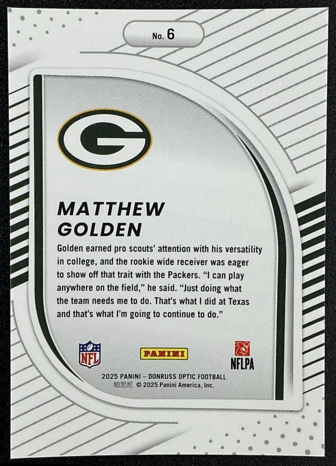MATTHEW GOLDEN 2025 PANINI DONRUSS OPTIC #6 HIDDEN POTENTIAL RC PACKERS