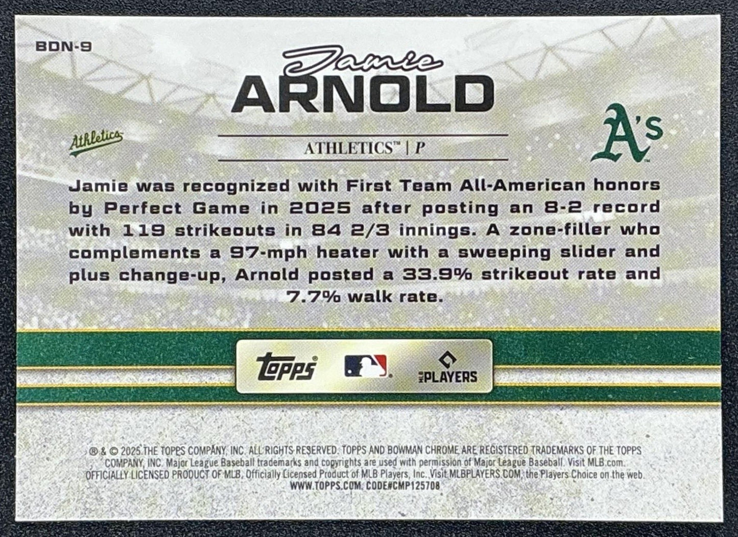 JAMIE ARNOLD 2025 BOWMAN DRAFT #BDN-9 NIGHT CHROME ATHLETICS