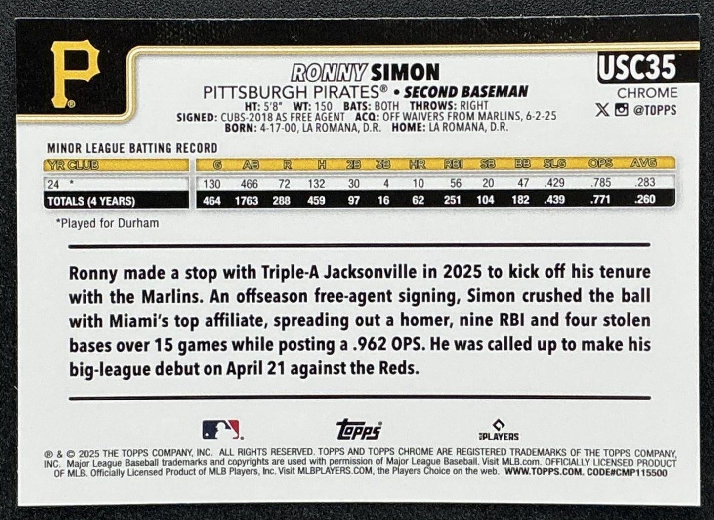 RONNY SIMON 2025 TOPPS CHROME UPDATE #USC35 SEPIA REFRACTOR RC PIRATES
