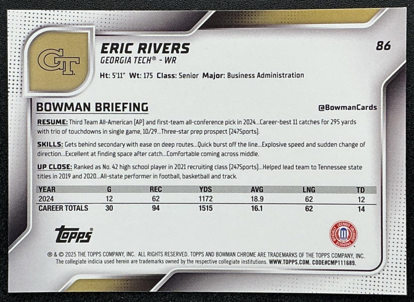 2025 Bowman Chrome University Sapphire Eric Rivers #86 1st Prospect