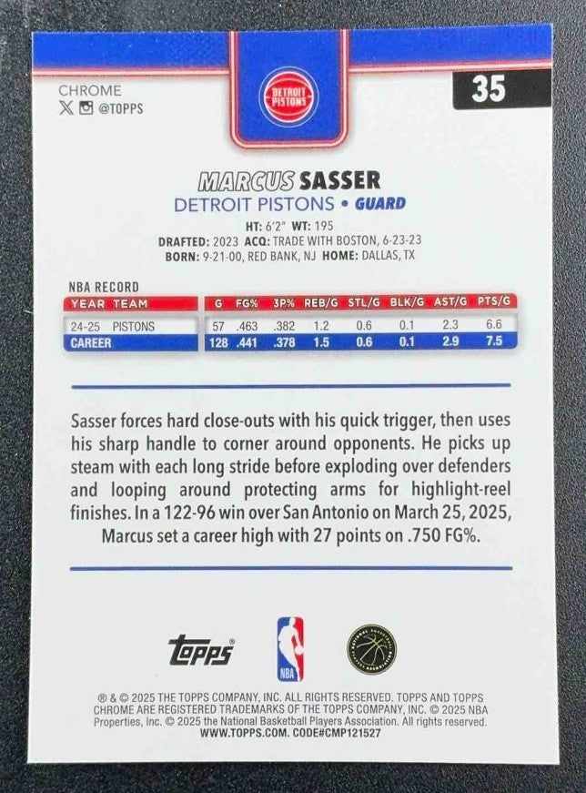 MARCUS SASSER 2025-26 TOPPS CHROME #35 RED, WHITE & BLUE REFRACTOR PISTONS