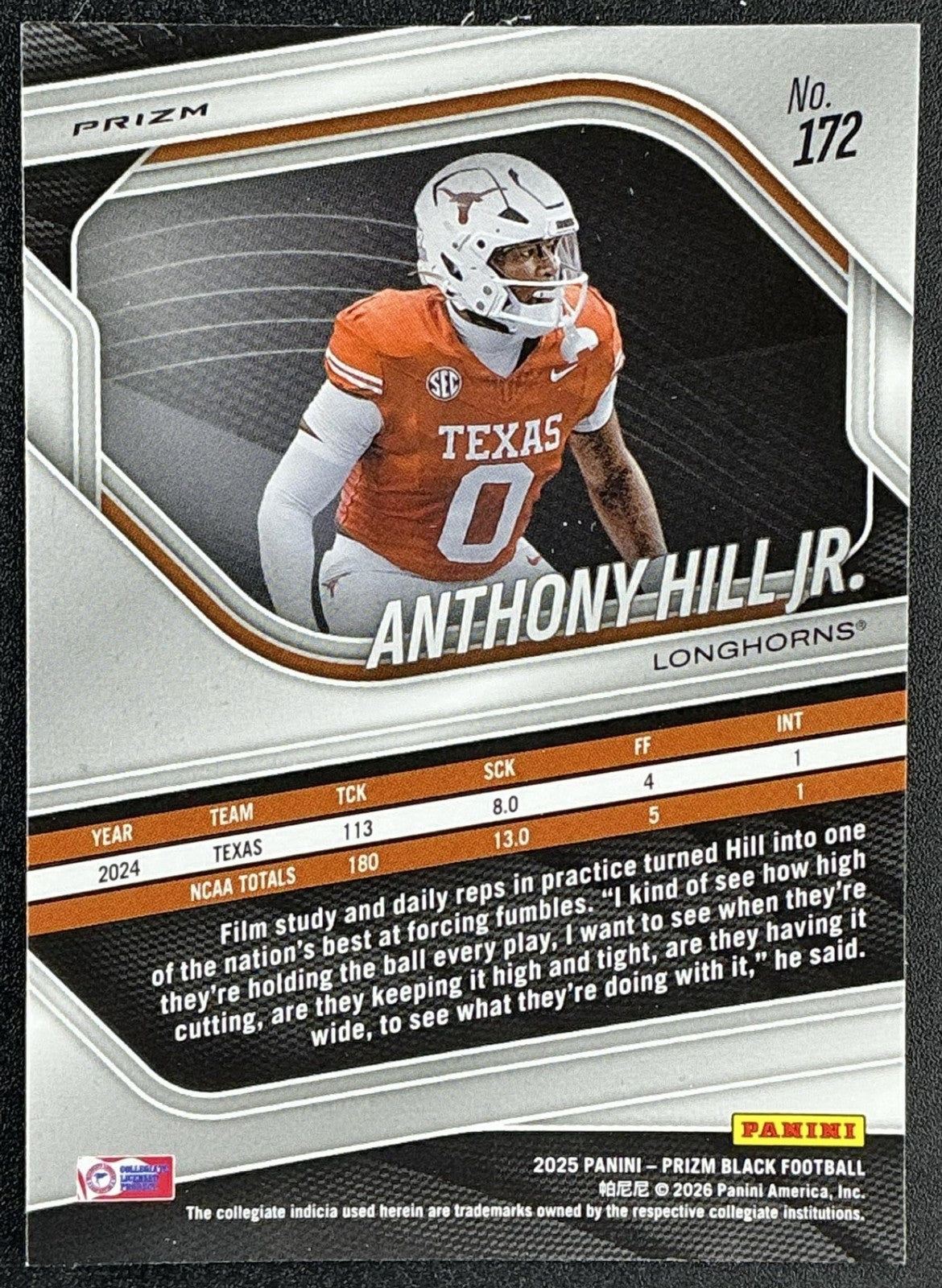 ANTHONY HILL JR. 2025 PANINI PRIZM BLACK PULSAR #172 PROSPECTS LONGHORNS