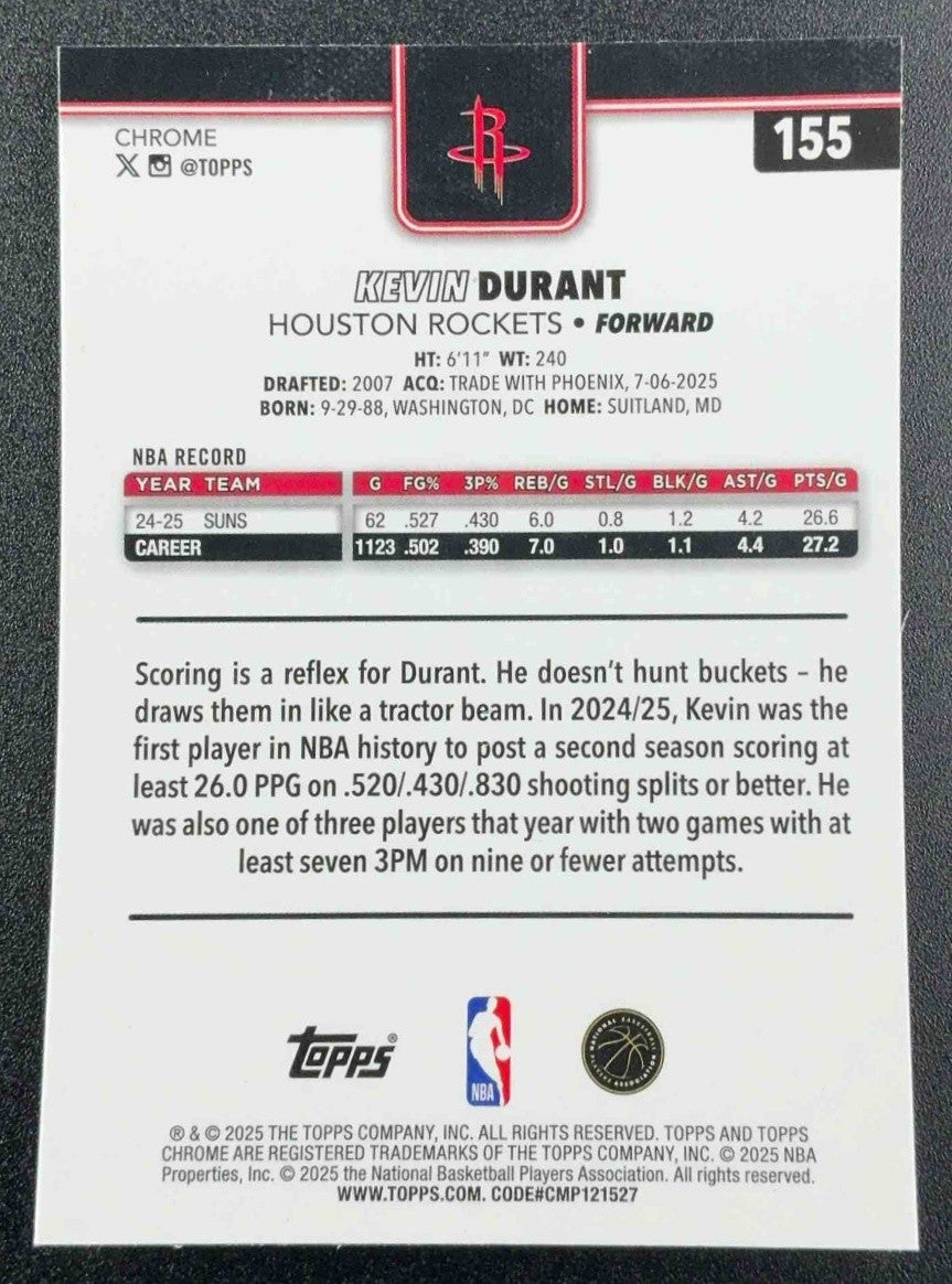 KEVIN DURANT 2025-26 TOPPS CHROME #155 PRISM REFRACTOR ROCKETS