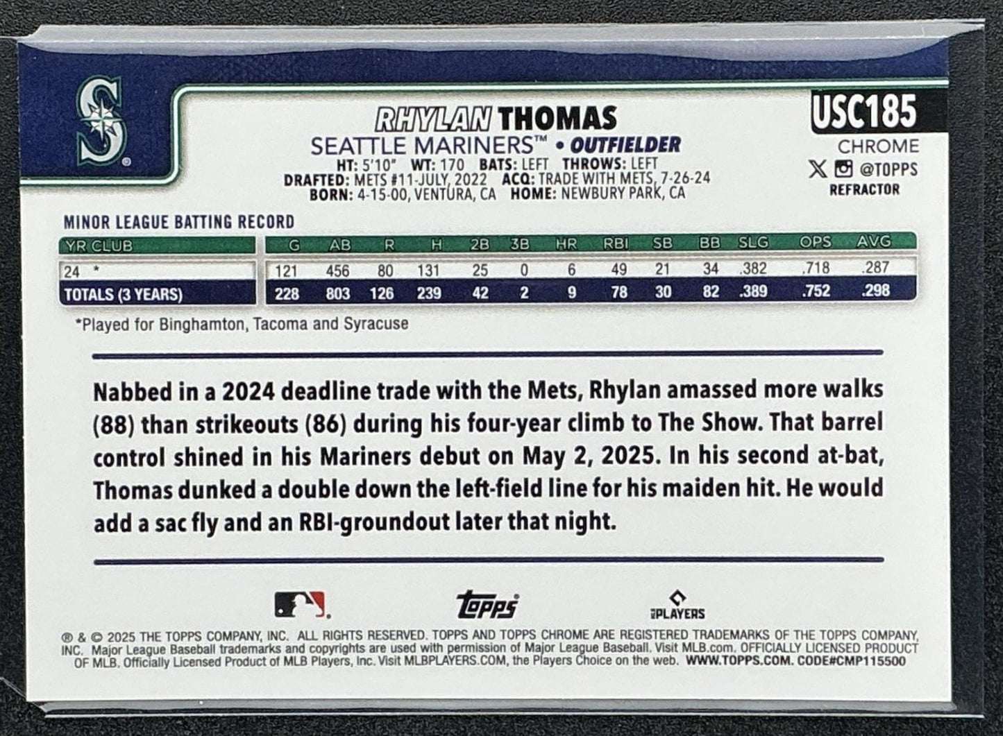 RHYLAN THOMAS 2025 TOPPS CHROME UPDATE #USC185 REFRACTOR RC MARINERS