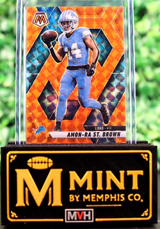 Amon St. Brown 2025 Panini Mosaic FOTL Orange FLUORESCENT /25 SSP Lions