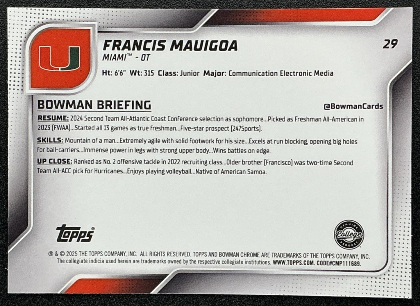 2025 Bowman Chrome University Sapphire Francis Mauigoa #29 1st Prospect