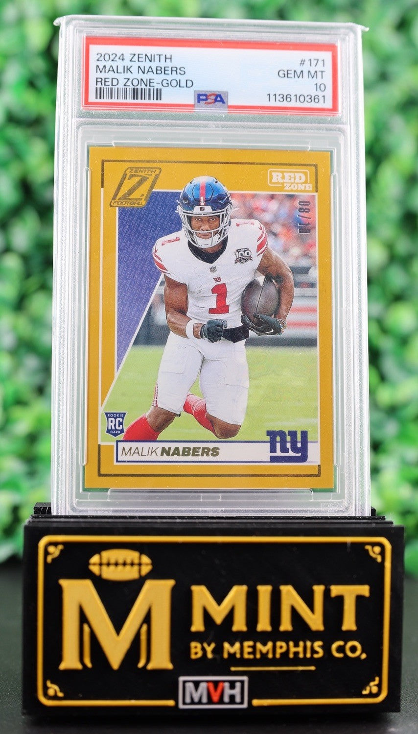 MALIK NABERS 2024 PANINI ZENITH GOLD RED ZONE /10 RC PSA 10 GIANTS SSP POP 1