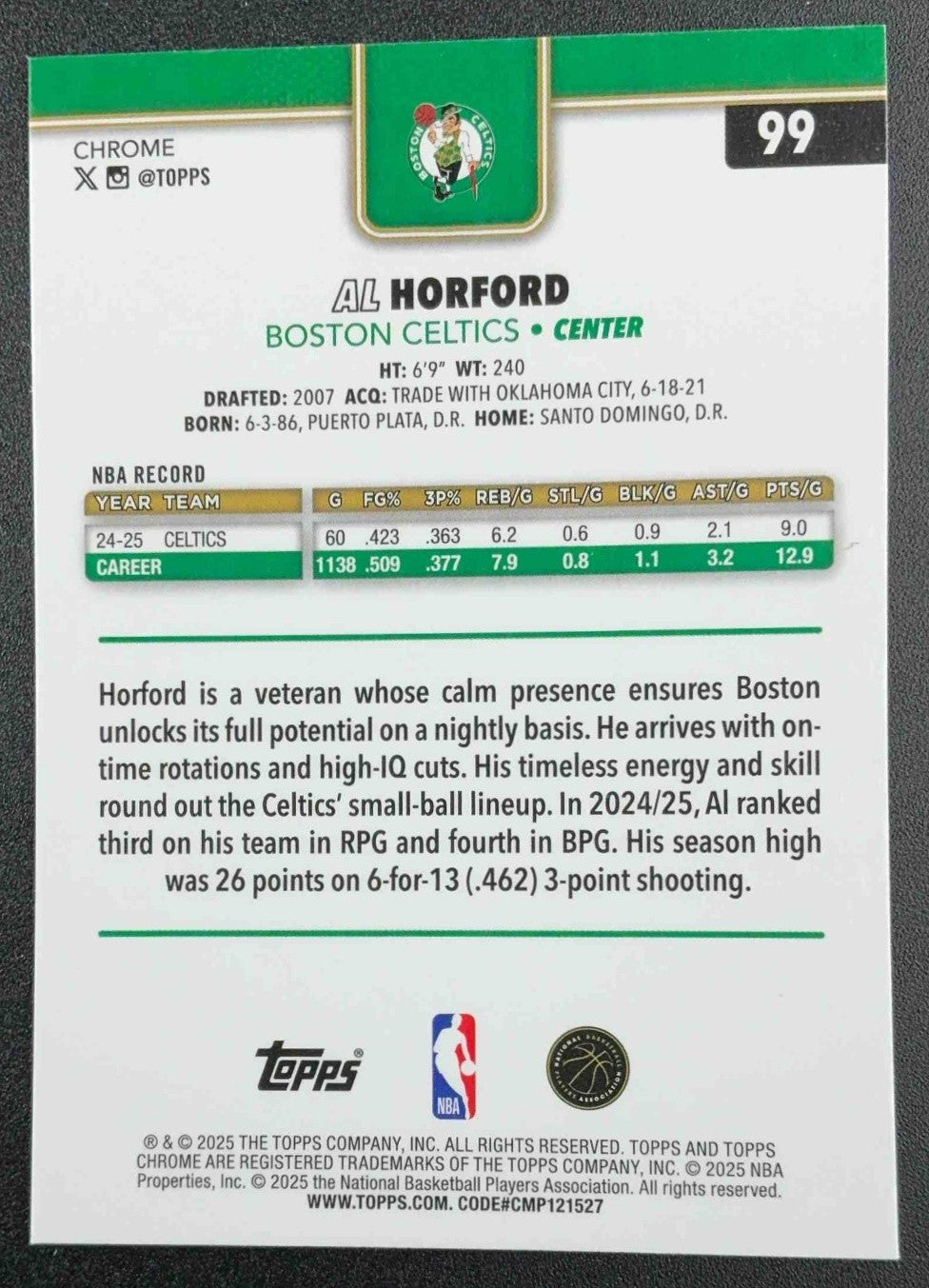 AL HORFORD 2025-26 TOPPS CHROME #99 BASKETBALL REFRACTOR CELTICS