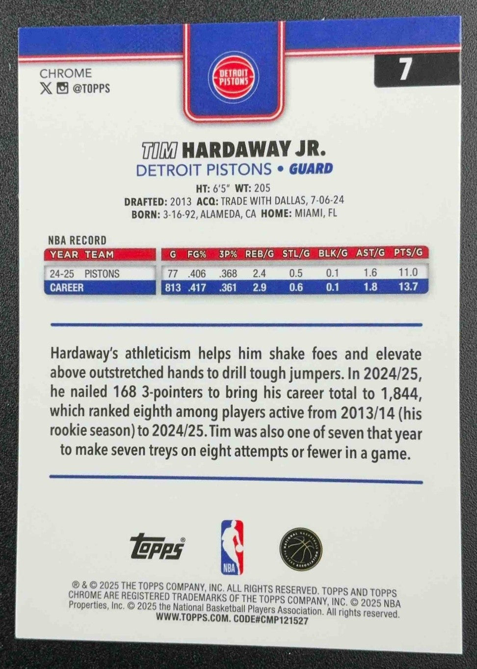 TIM HARDAWAY JR. 2025-26 TOPPS CHROME #7 REFRACTOR PISTONS