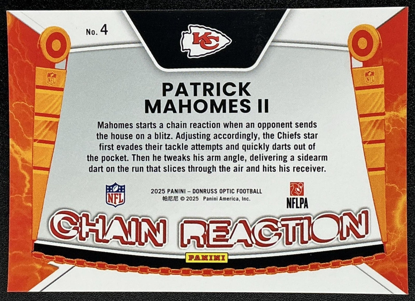 PATRICK MAHOMES II 2025 PANINI DONRUSS OPTIC #4 CHAIN REACTION CHIEFS