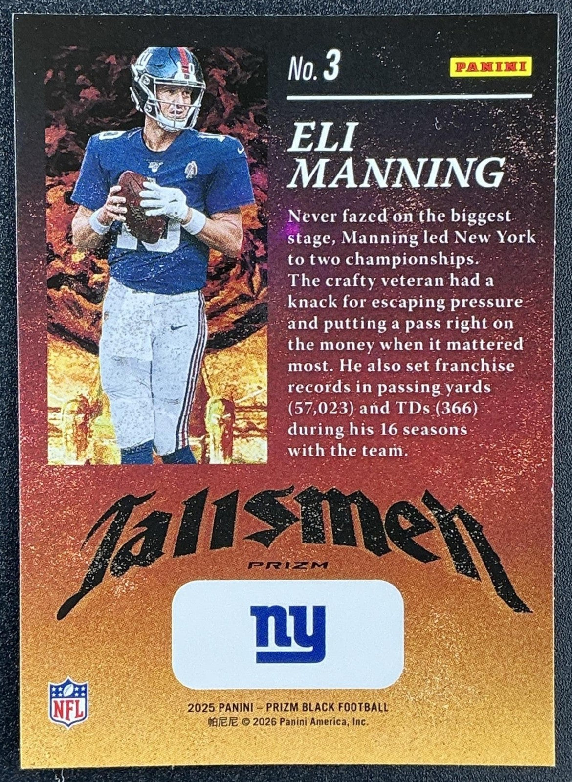ELI MANNING 2025 PANINI PRIZM BLACK #3 TALISMEN SILVER GIANTS