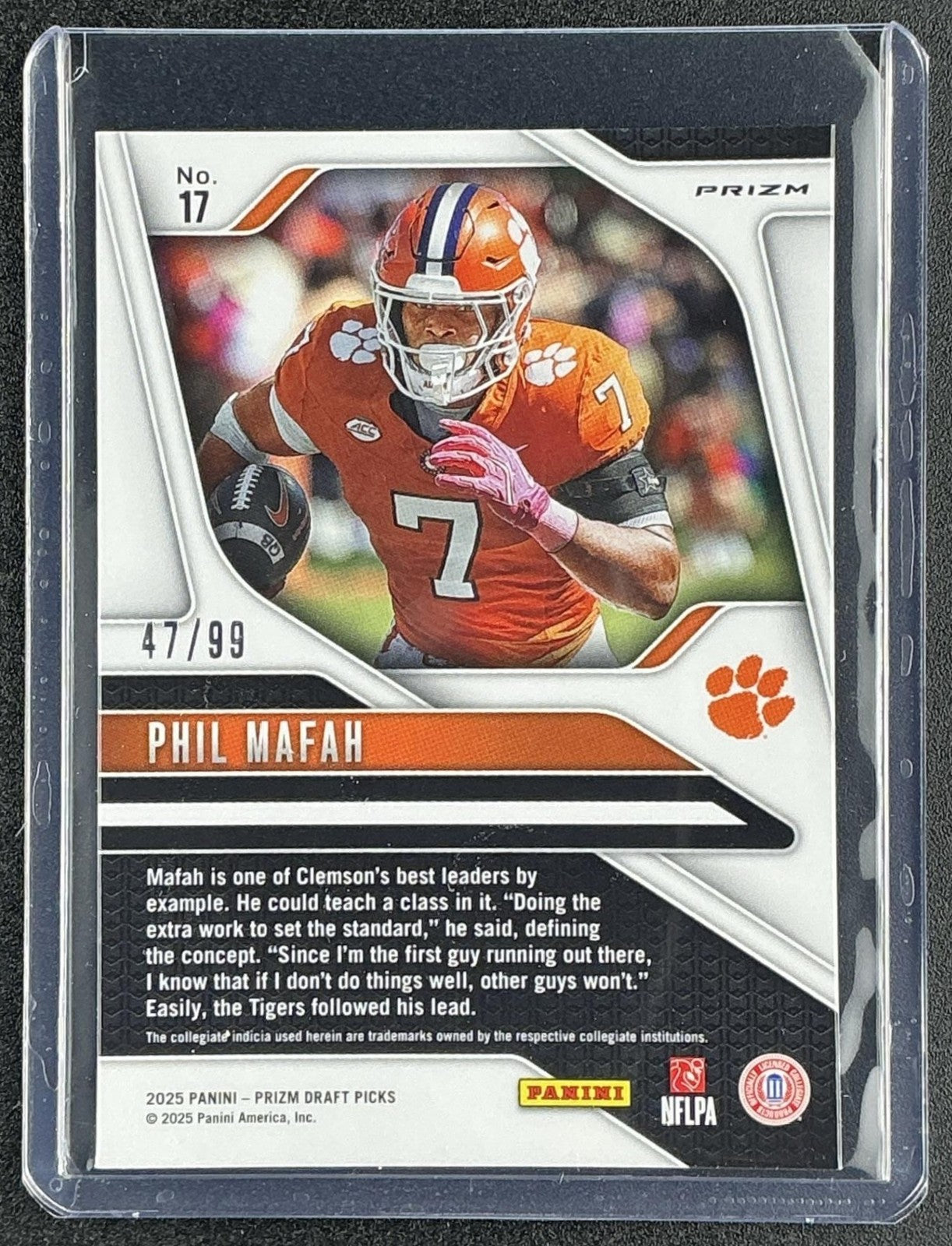 PHIL MAFAH 2025 PANINI PRIZM DRAFT PICKS #17 PURPLE 47/99 RC TIGERS