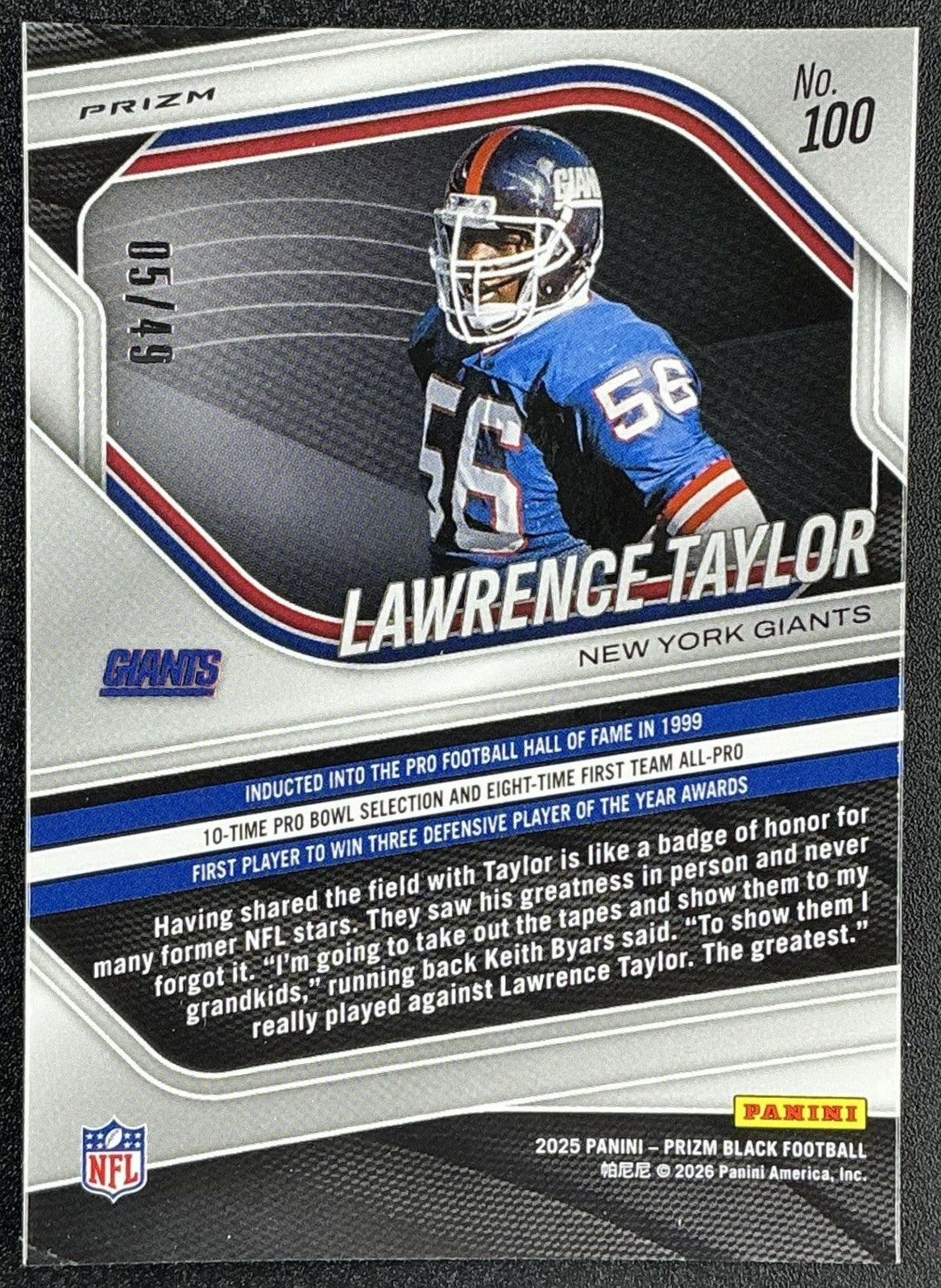 LAWRENCE TAYLOR 2025 PANINI PRIZM BLACK #100 ORANGE 5/49 GIANTS