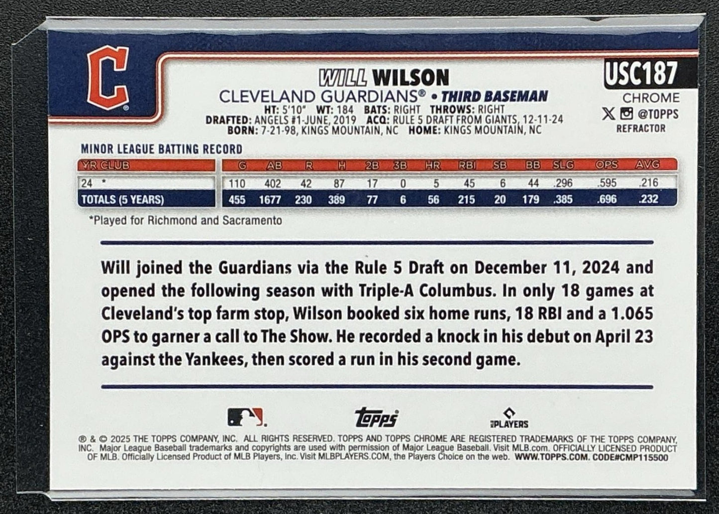 WILL WILSON 2025 TOPPS CHROME UPDATE #USC187 REFRACTOR RC GUARDIANS