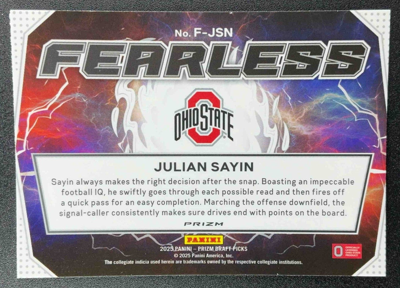 JULIAN SAYIN 2025 PANINI PRIZM DRAFT PICKS #23 FEARLESS RED ICE BUCKEYES