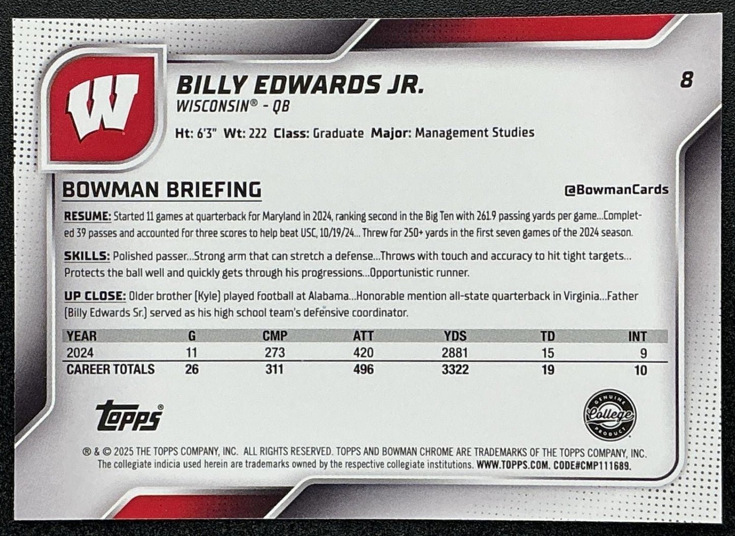 BILLY EDWARDS JR. 2025 BOWMAN CHROME UNIVERSITY SAPPHIRE #8 1ST PROSPECT BADGERS