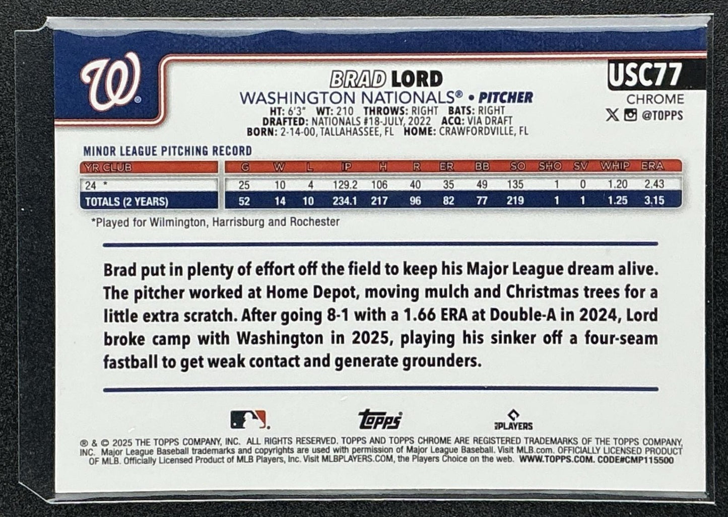 BRAD LORD 2025 TOPPS CHROME UPDATE #USC77 SEPIA REFRACTOR RC NATIONALS