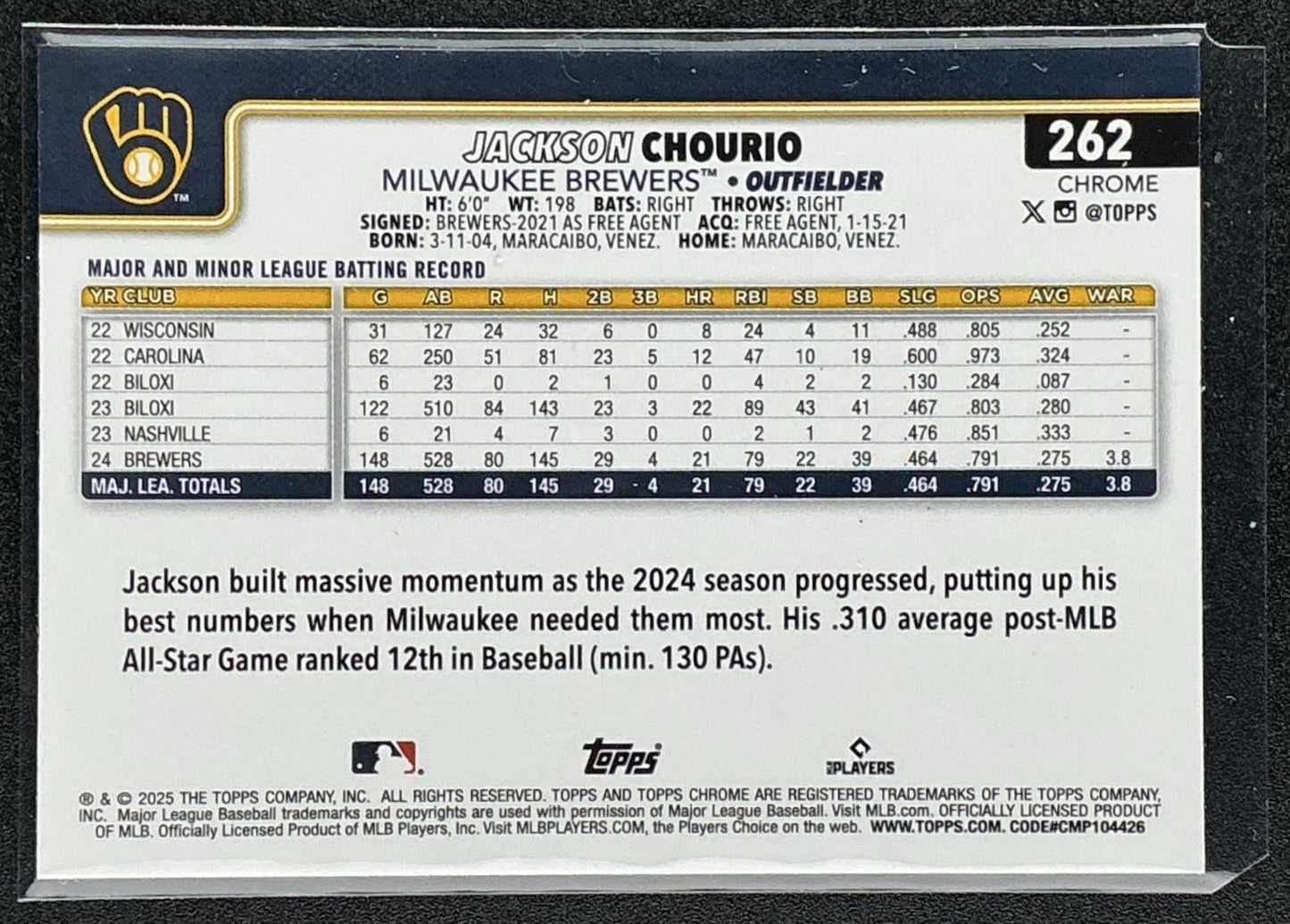 JACKSON CHOURIO 2025 TOPPS CHROME #262 SEPIA REFRACTOR BREWERS