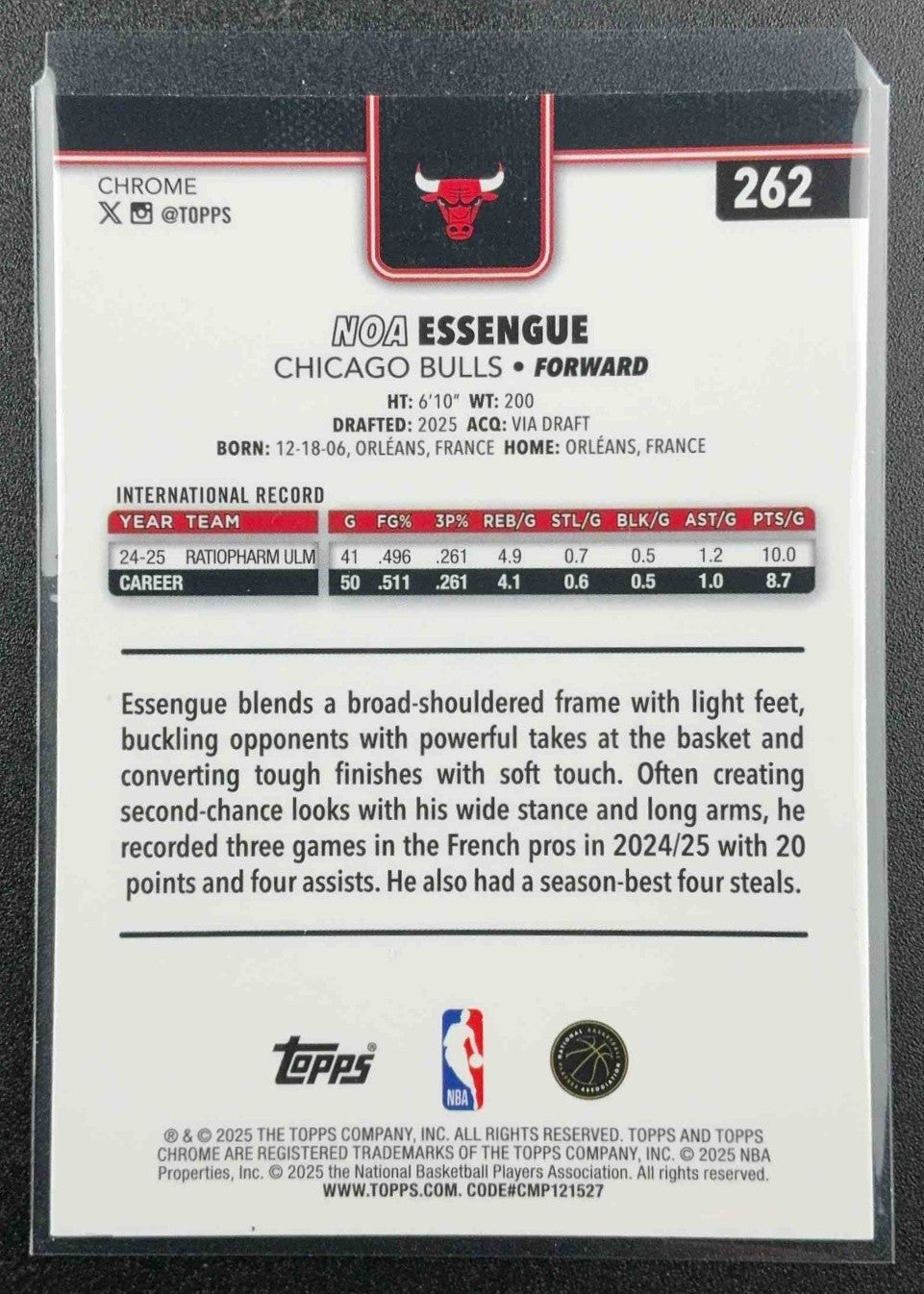 NOA ESSENGUE 2025-26 TOPPS CHROME #262 X-FRACTOR RC BULLS